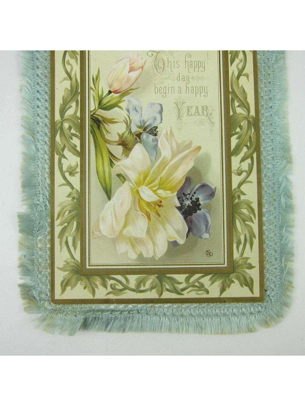 Victorian Card XL New Years Flowers Blue Silk Fringe Double Sided Antique 1886